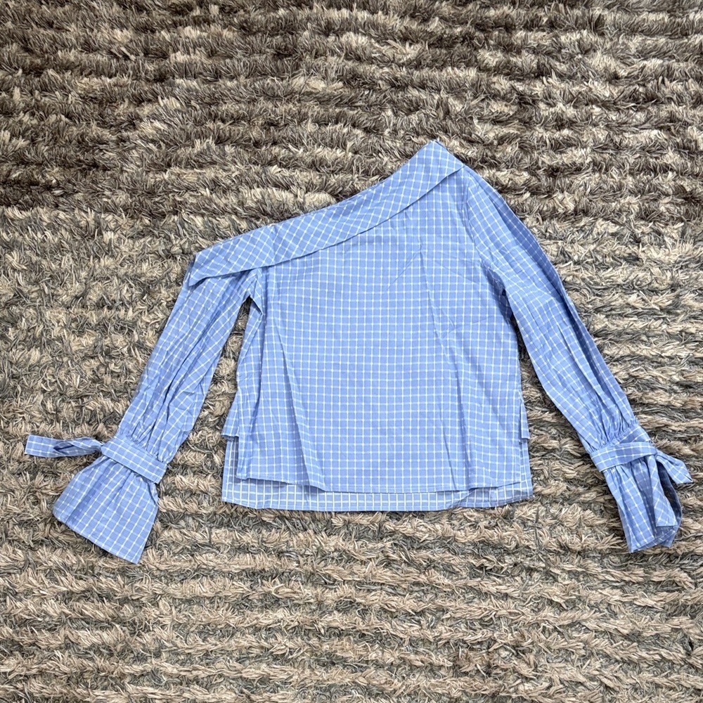 New! J.O.A. Blue Checkered Asymmetrical Cold Shoulder Women's Top, Size XS